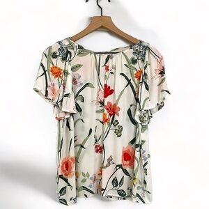Loft Vibrant Floral Print Short Flouncy Sleeve Blouse Top, Women’s Size Medium